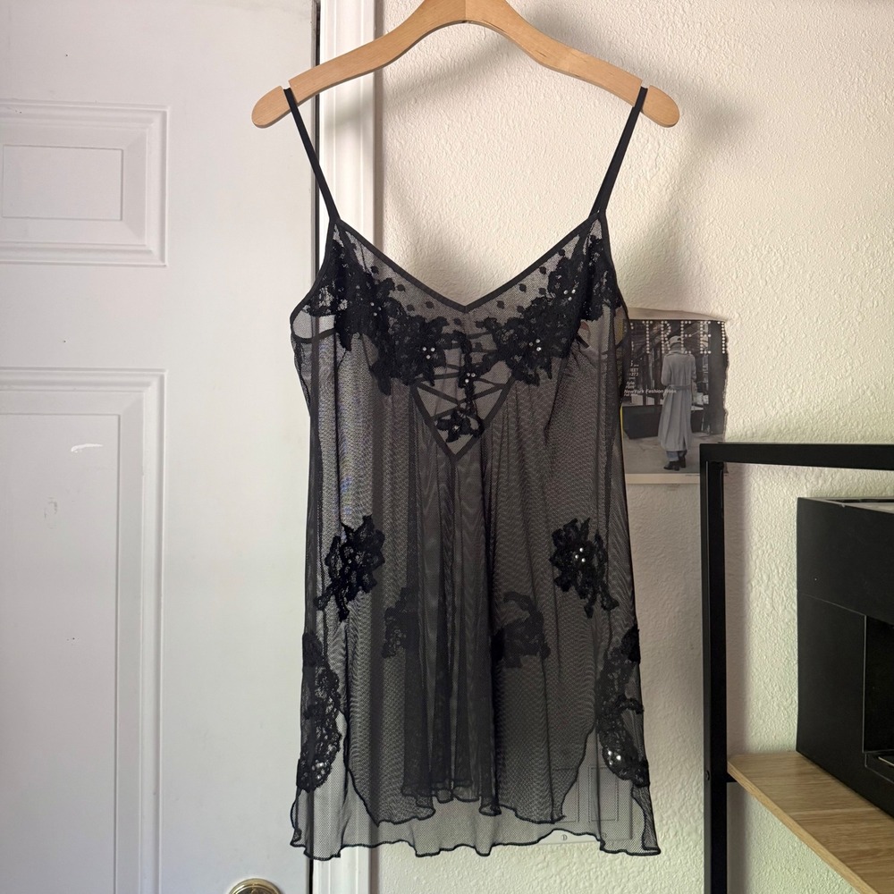 VICTORIA'S SECRET black y2k mesh sheer lace embroidered beaded cami slip tank